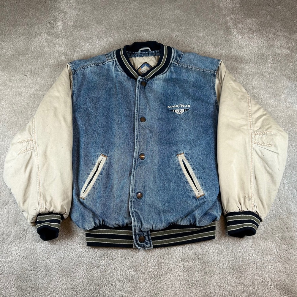 VTG Gear For Sports Varsity Jacket Men S Blue Tan Goodyear Denim Canvas Bomber